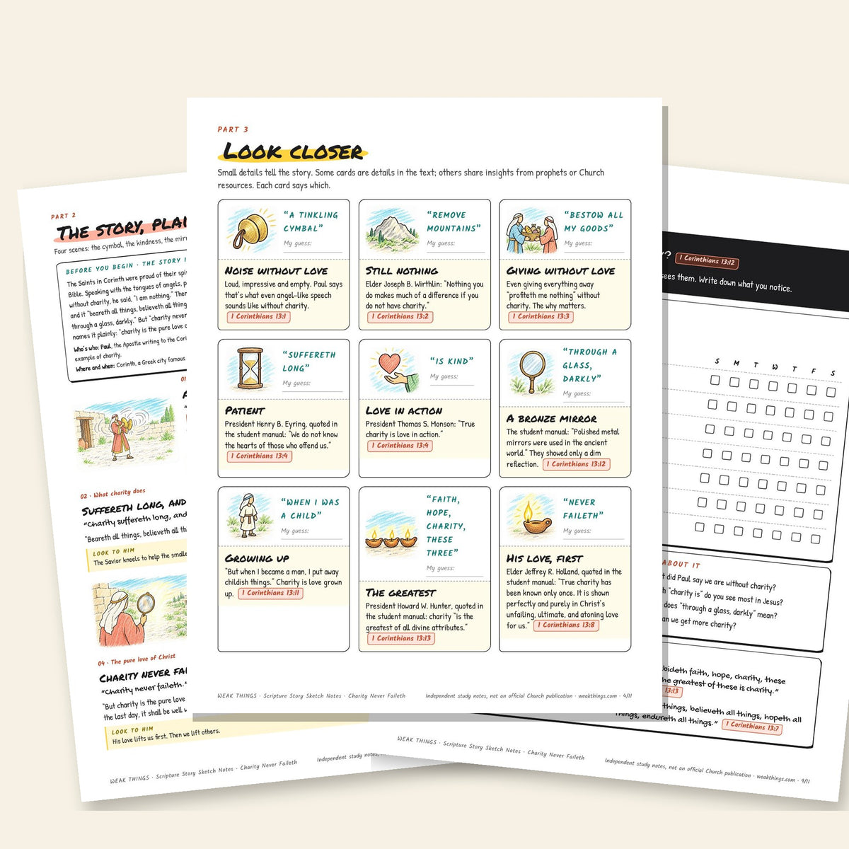 Three inside pages: the story, the detail cards and the seven-day tracker