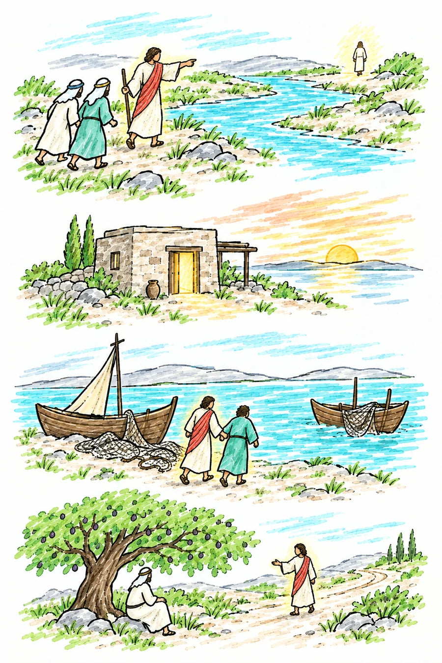 Hand-drawn doodle map: John the Baptist pointing two disciples toward a distant figure of light by the river, a small house with a glowing door at sunset, a fisherman leading his brother along the lake shore, and a man calling to a friend sitting under a fig tree.