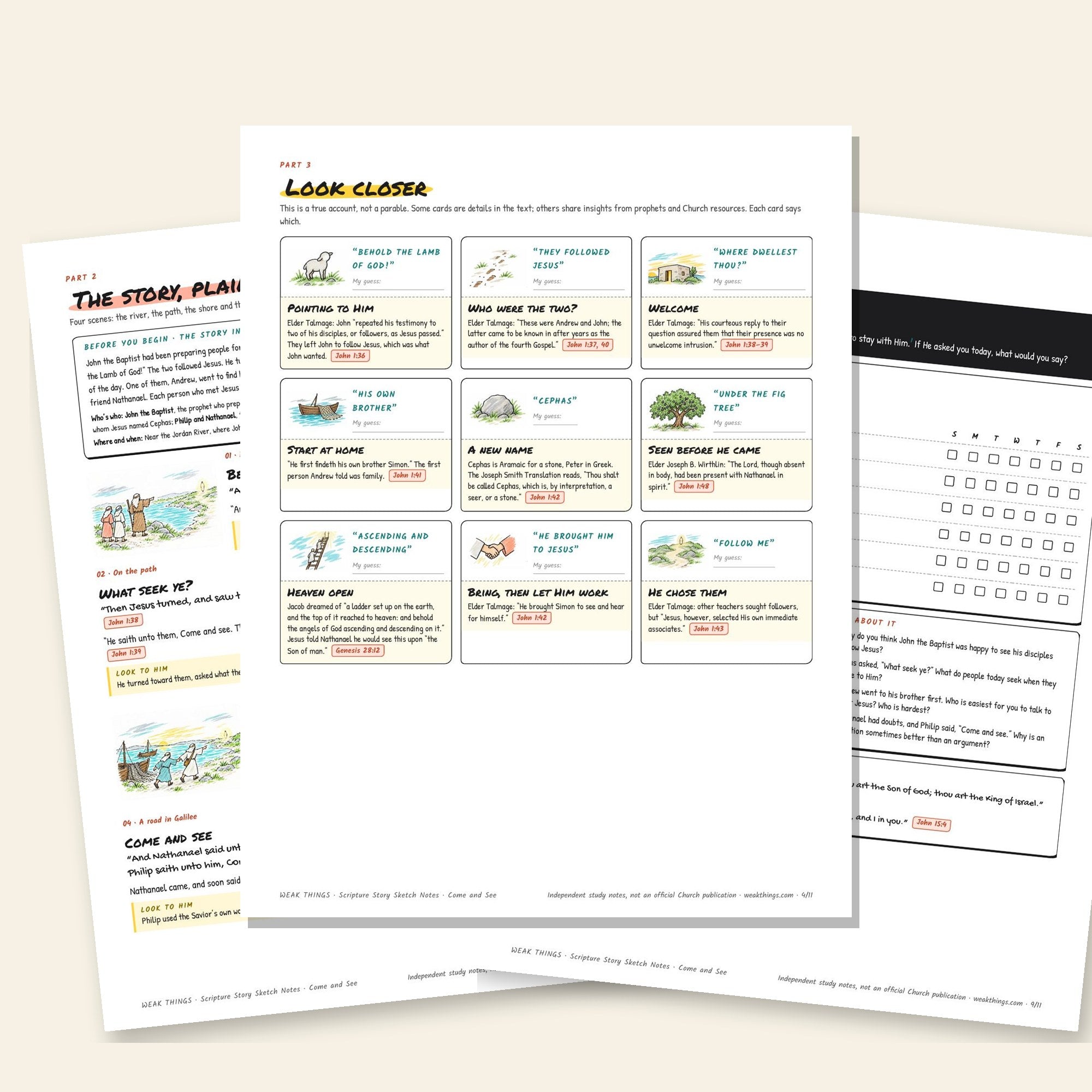 Inside pages of the “Come and See”: The First Disciples printable sketch notes