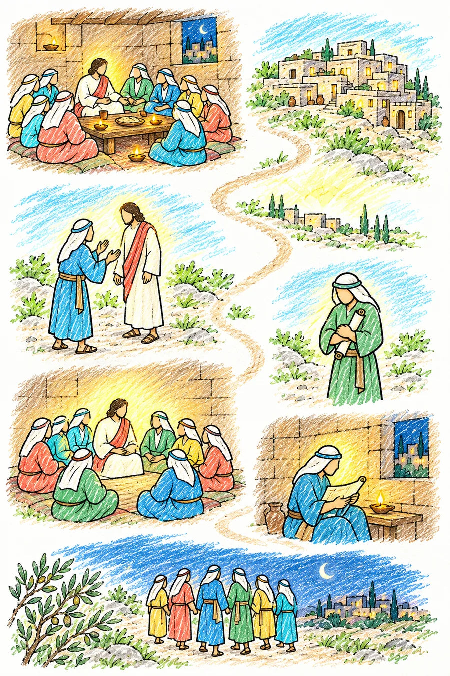 Hand-drawn doodle map of a winding path from the upper room: Jesus speaking to worried disciples by lamplight, a large house with many rooms on a hill, a path leading upward, two joined circles, a heart, a soft warm glow, an open scroll, an olive branch and a welcoming home.