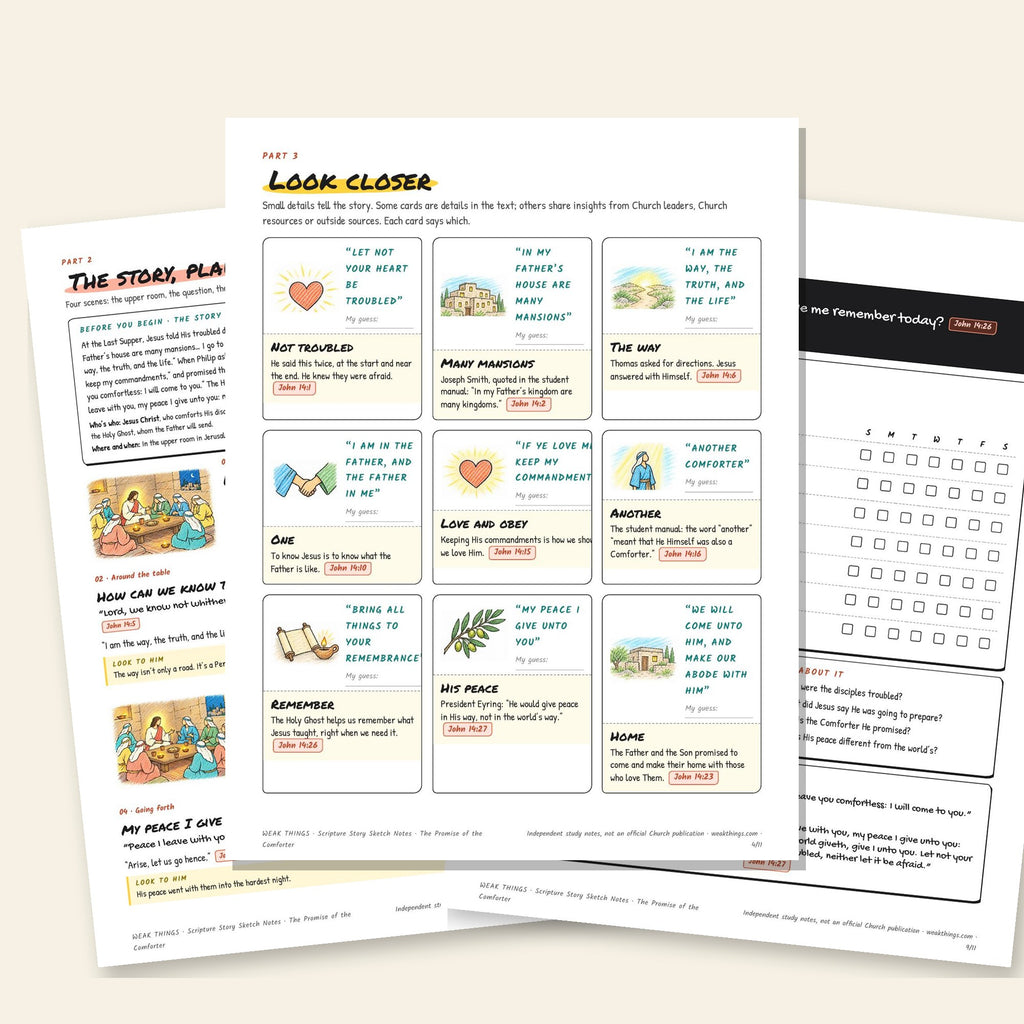 Three inside pages: the story, the detail cards and the seven-day tracker