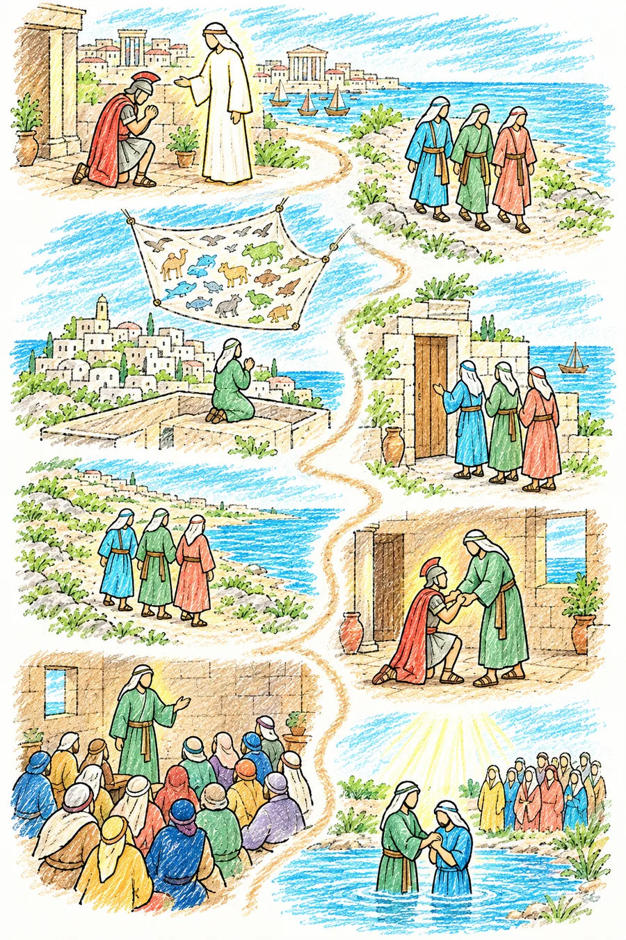 Hand-drawn doodle map of Acts 10: a Roman centurion praying in Caesarea as an angel appears, three messengers walking south, a man in green praying on a Joppa rooftop as a sheet of animals comes down, the messengers at his gate, the group walking north, Peter raising the kneeling centurion, Peter teaching a crowded room, and a baptism.