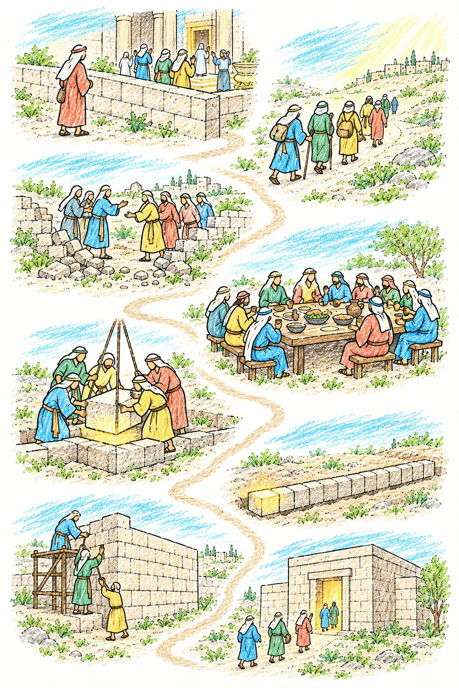 Hand-drawn doodle map: a traveler outside a low wall in the temple courts, people walking closer toward light, the wall broken down, people of many lands at one table, builders setting a glowing cornerstone, foundation stones joined to it, walls rising stone by stone, and a finished temple with light in the doorway.
