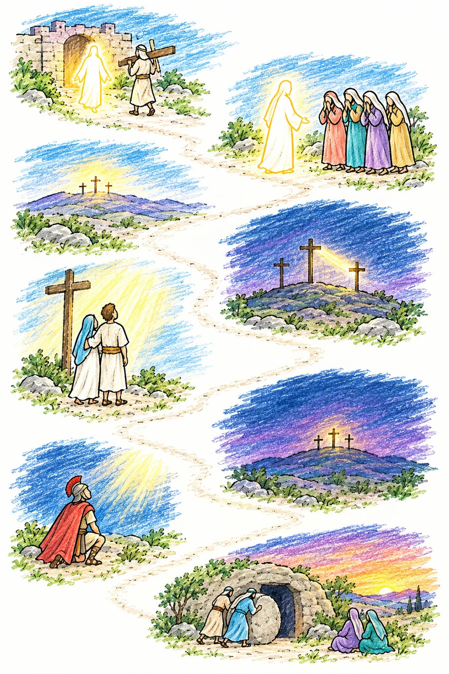 Reverent hand-drawn doodle map of the day of the Crucifixion: a faceless man carrying a wooden beam behind the Savior, shown only as soft glowing light; the light turning to speak to weeping women; a distant hill with three plain wooden crosses, the center one hidden in soft golden light; a beam of light reaching from the center cross toward the cross beside it; Mary and John standing together at the foot of the glowing cross; a deep indigo sky at midday over the hill; a Roman centurion kneeling and looking up toward the light; and a garden tomb at sunset with a great round stone rolled to the door.