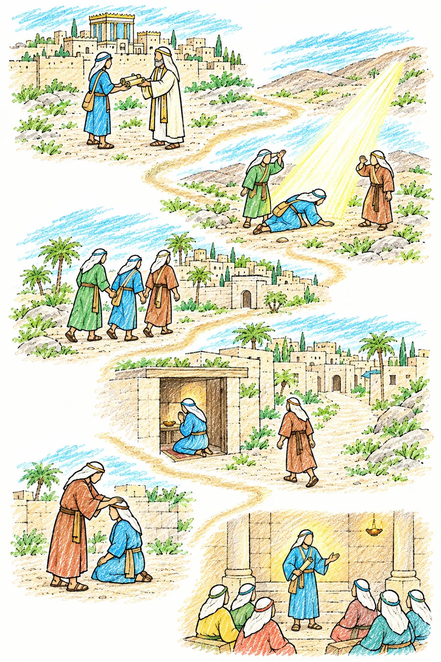 Hand-drawn doodle map of Acts 9: Saul receiving letters in Jerusalem, a beam of light on the road, companions leading him by the hand into Damascus, a house on a straight street where he prays, Ananias walking to the house and laying hands on him, and Saul teaching in a synagogue.