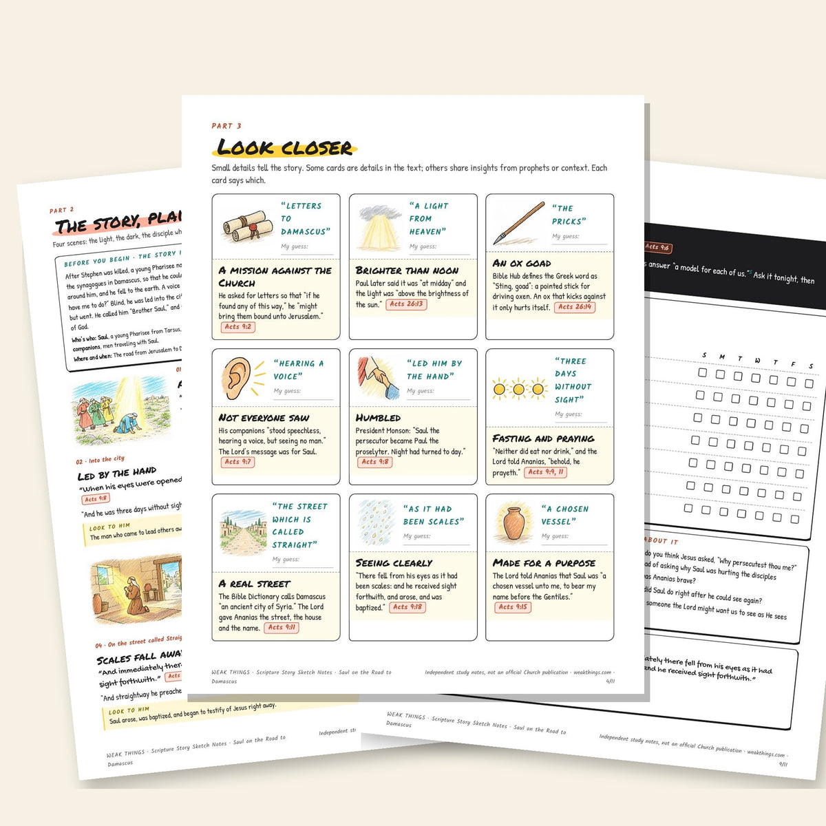 Three inside pages: the story, the detail cards and the seven-day tracker
