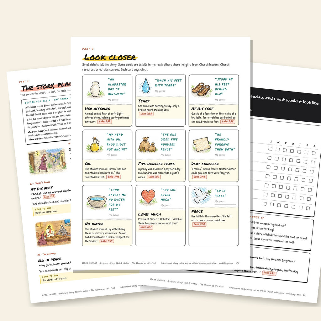 Three inside pages: the story, the detail cards and the seven-day tracker