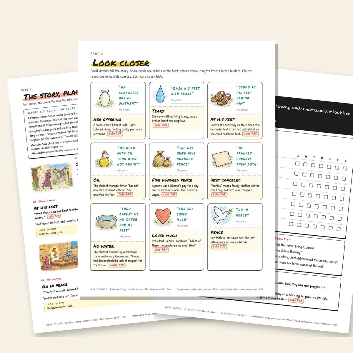 Three inside pages: the story, the detail cards and the seven-day tracker