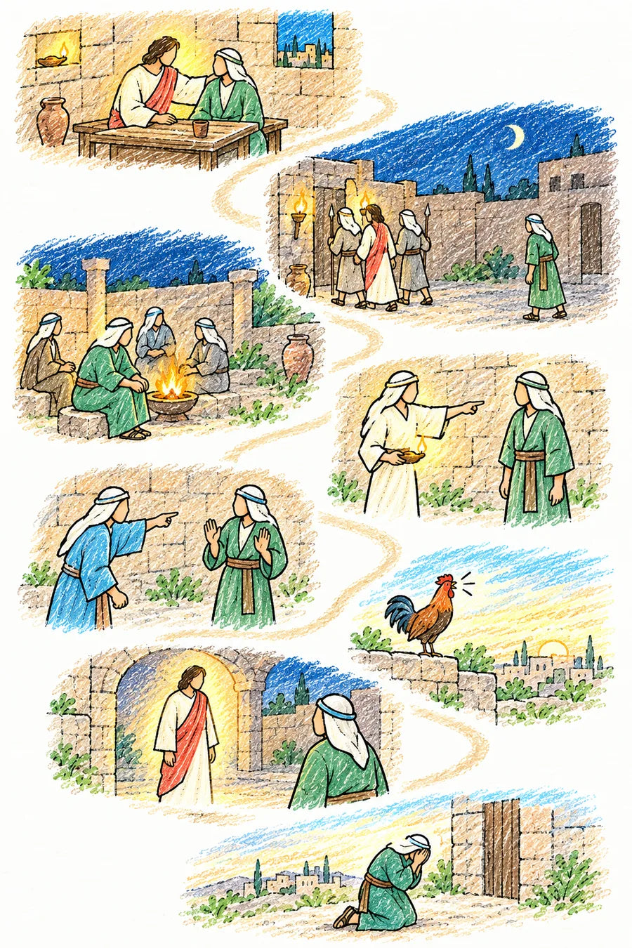 Hand-drawn doodle map of a winding path at night: Jesus praying for Peter at the supper table, a stone archway into the high priest’s house, steps where Peter follows far behind, a fire in the courtyard, a servant girl with a lamp, a fishing net, a rooster on a wall, Jesus turning to look, a single tear, and Peter kneeling as dawn rises.