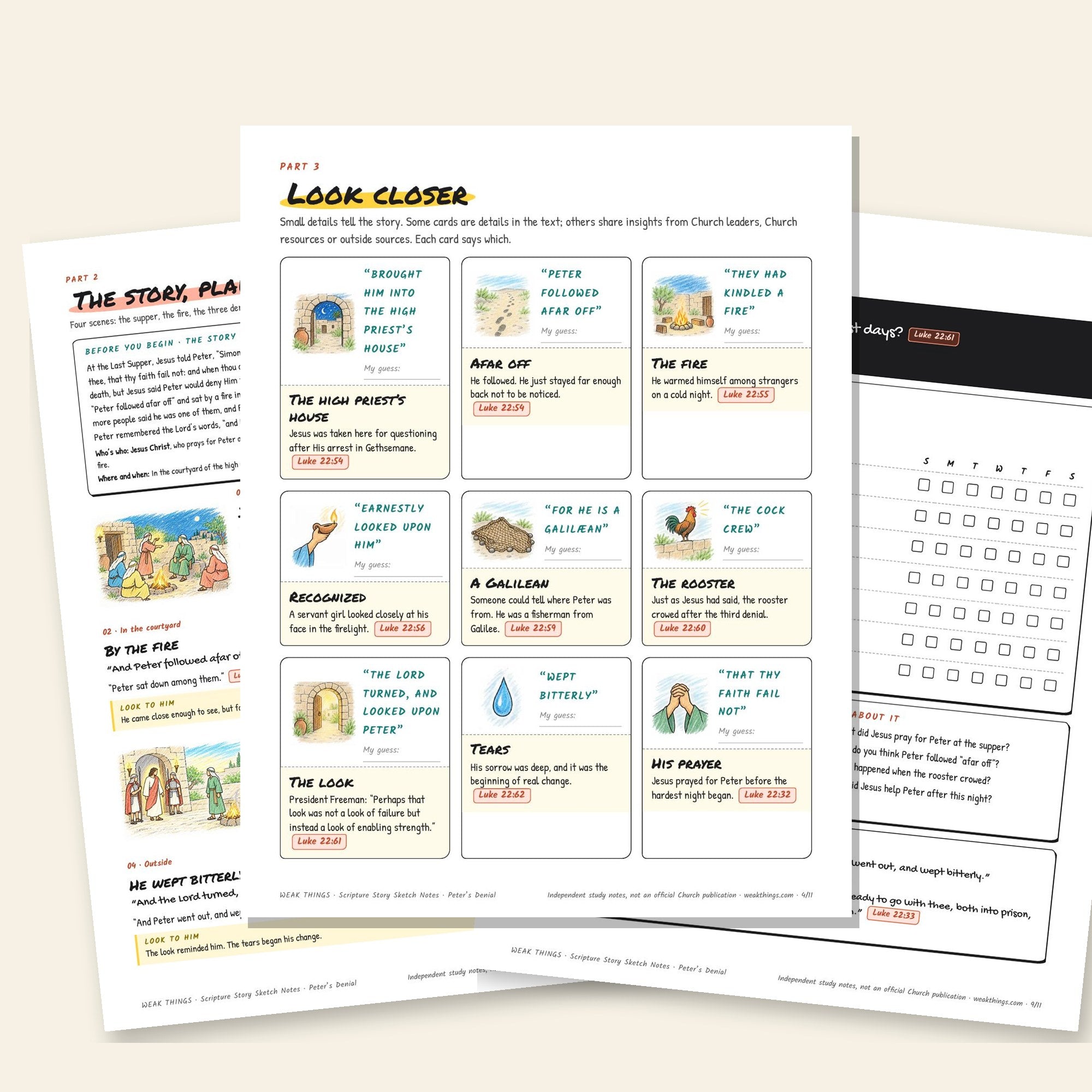Inside pages of the Peter’s Denial printable sketch notes