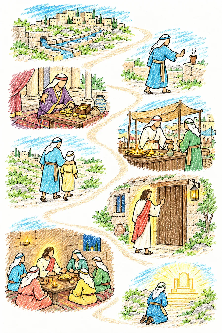 Hand-drawn doodle map of a winding path: a hillside city with a long stone water channel, a person pushing away a cup of lukewarm water, a rich person counting coins in a grand house, a market stall with gold in a small fire, a white robe and a tiny jar of salve, a parent gently guiding a child, Jesus knocking at a cottage door with a lantern, Jesus at supper with a family, and a person kneeling before a throne of light.
