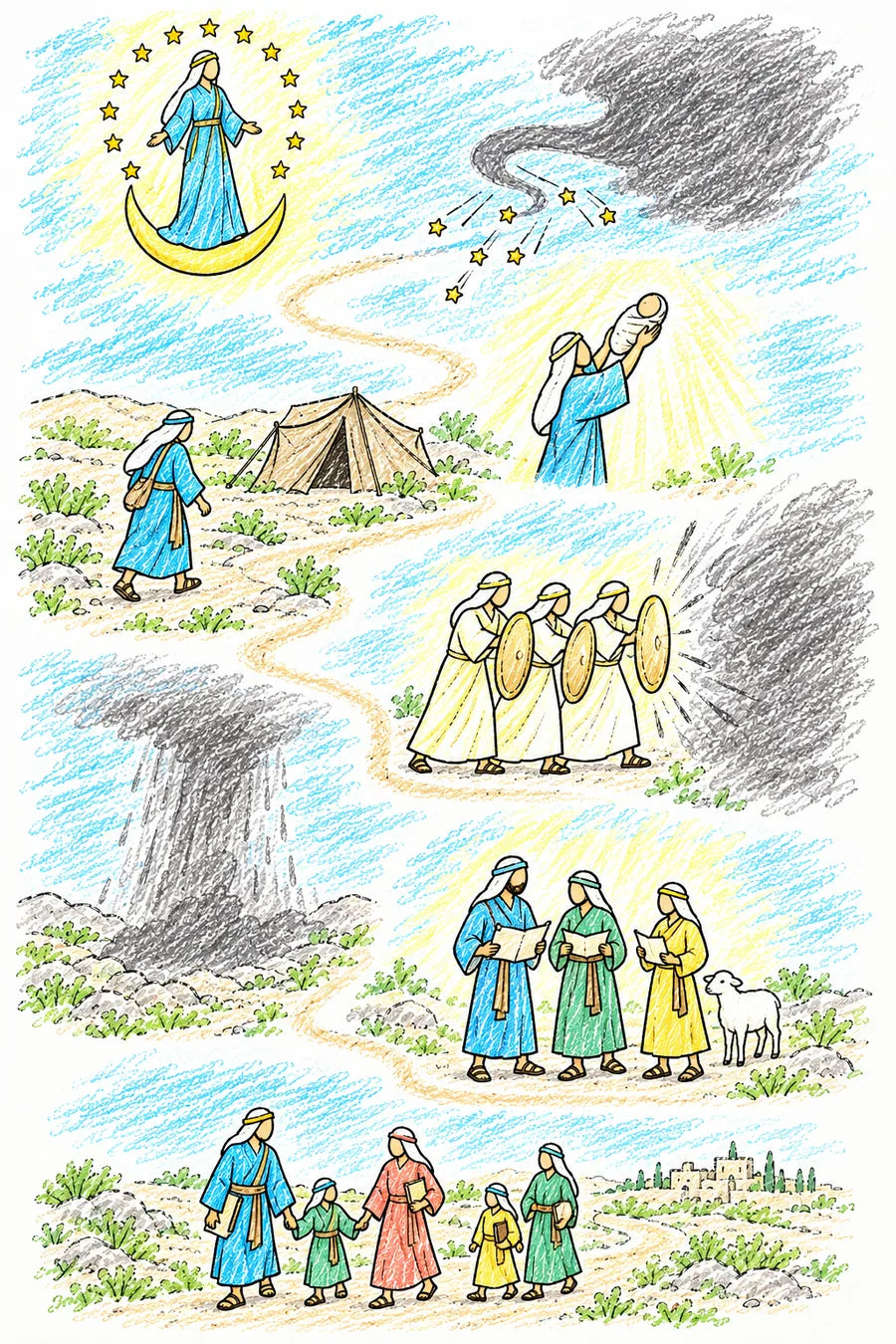 Hand-drawn doodle map of a winding path through the sky and earth: a woman in sunlight with a crescent moon and twelve stars, a gray scribbled shadow with stars falling, a baby lifted up into light, a woman walking toward a tent in the wilderness, faceless white figures with shields, a gray storm cast down to earth, people sharing testimony beside a lamb, and a family walking together toward a city.