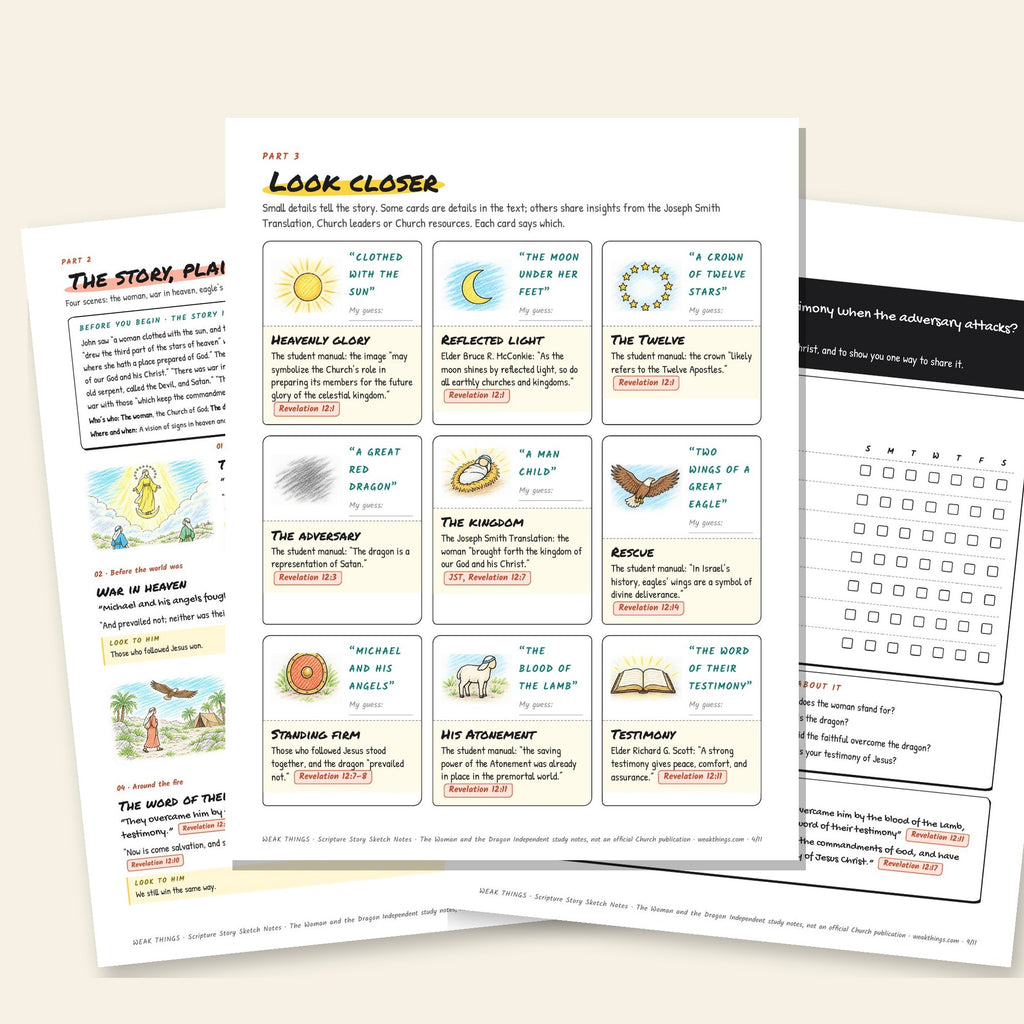 Three inside pages: the story, the detail cards and the seven-day tracker