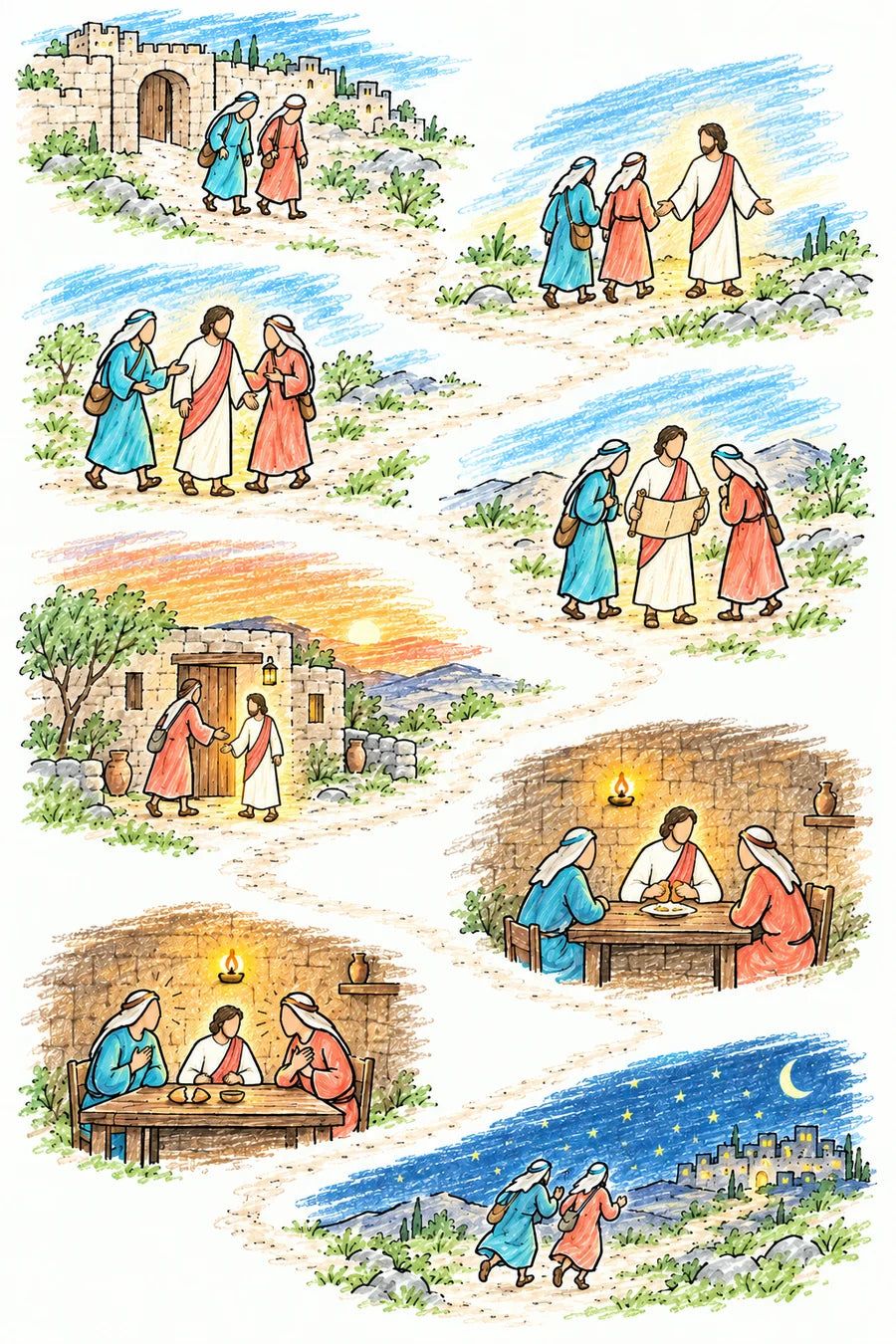 Hand-drawn doodle map of the road to Emmaus: two faceless disciples leaving Jerusalem with heads bowed; the risen Savior, shown only as soft glowing light, drawing near to walk with them; the three walking and talking on a hillside road; the light pointing to an open scroll as He teaches; the village of Emmaus at sunset with the disciples inviting Him in; the light breaking bread at a small table; an empty chair and broken bread as the two look at each other in joy; and the two running back to Jerusalem at night under the stars.