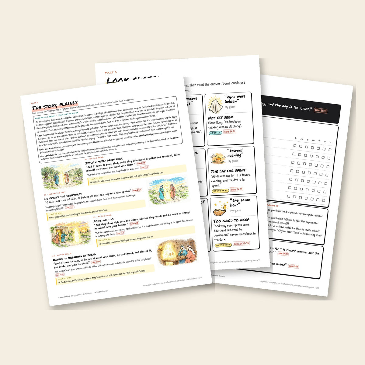 Three inside pages: the story, the detail cards and the seven-day tracker