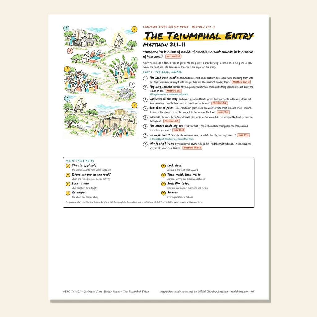 The Triumphal Entry sketch notes cover with a hand-drawn map of the road down the Mount of Olives into Jerusalem