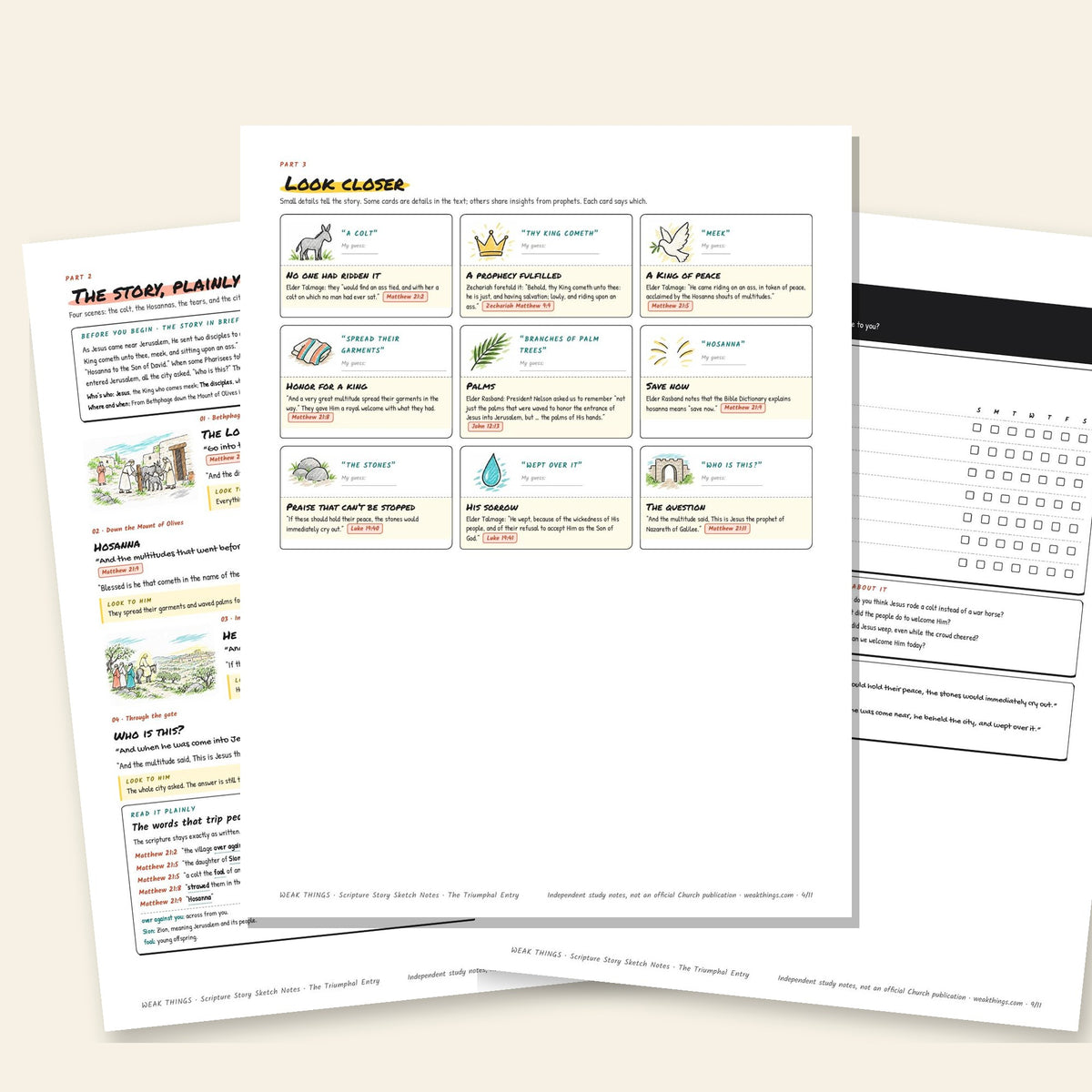 Three inside pages: the story, the detail cards and the seven-day tracker