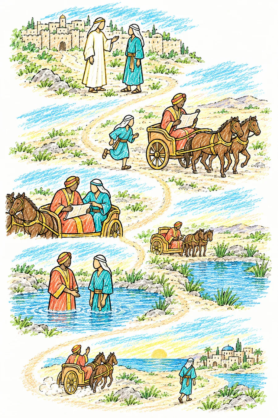 Hand-drawn doodle map of Acts 8: an angel sending Philip from Jerusalem, a chariot on a desert road with an Ethiopian official reading a scroll, Philip running beside it, the two reading together, a pool by the road, a baptism, and the chariot driving away rejoicing.