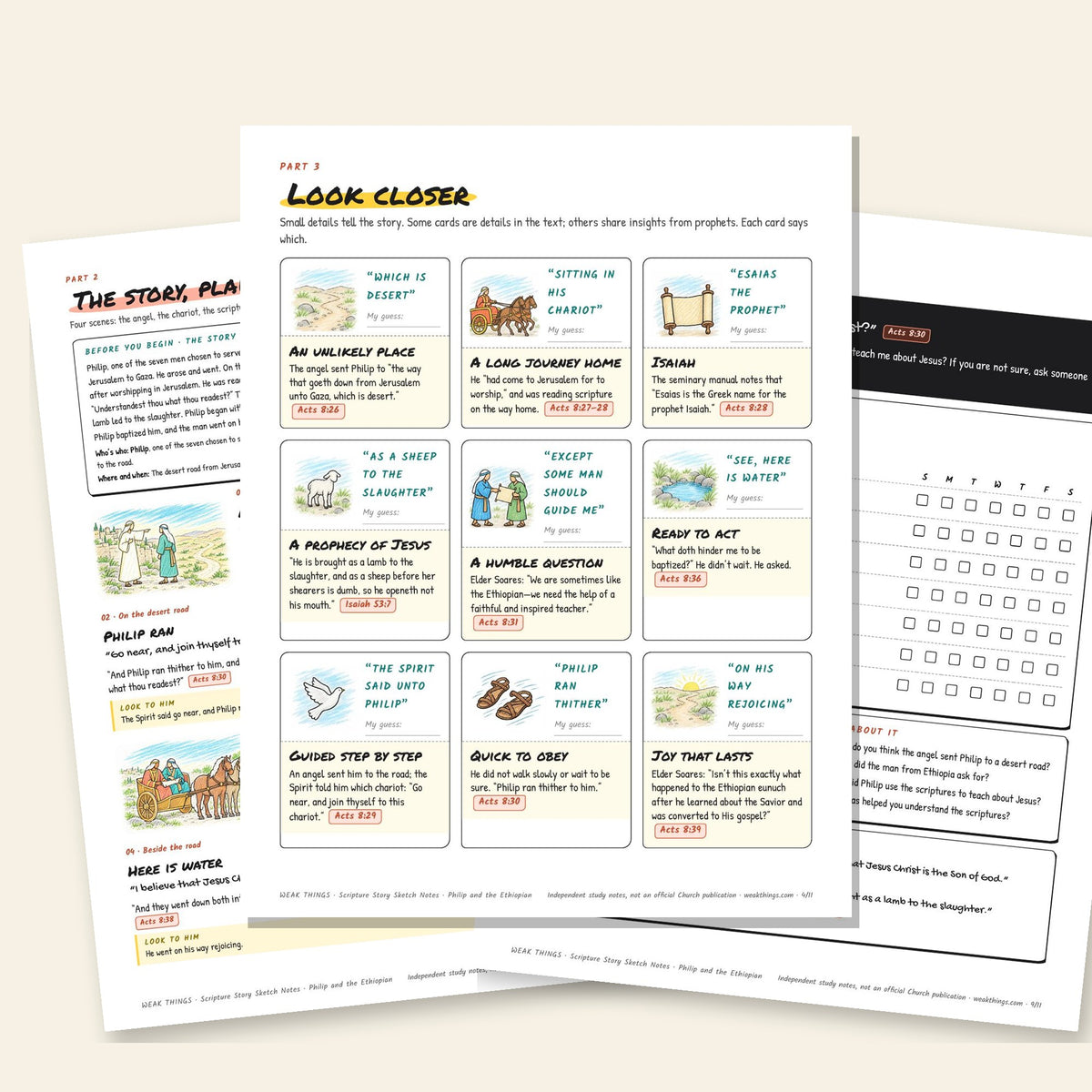Three inside pages: the story, the detail cards and the seven-day tracker