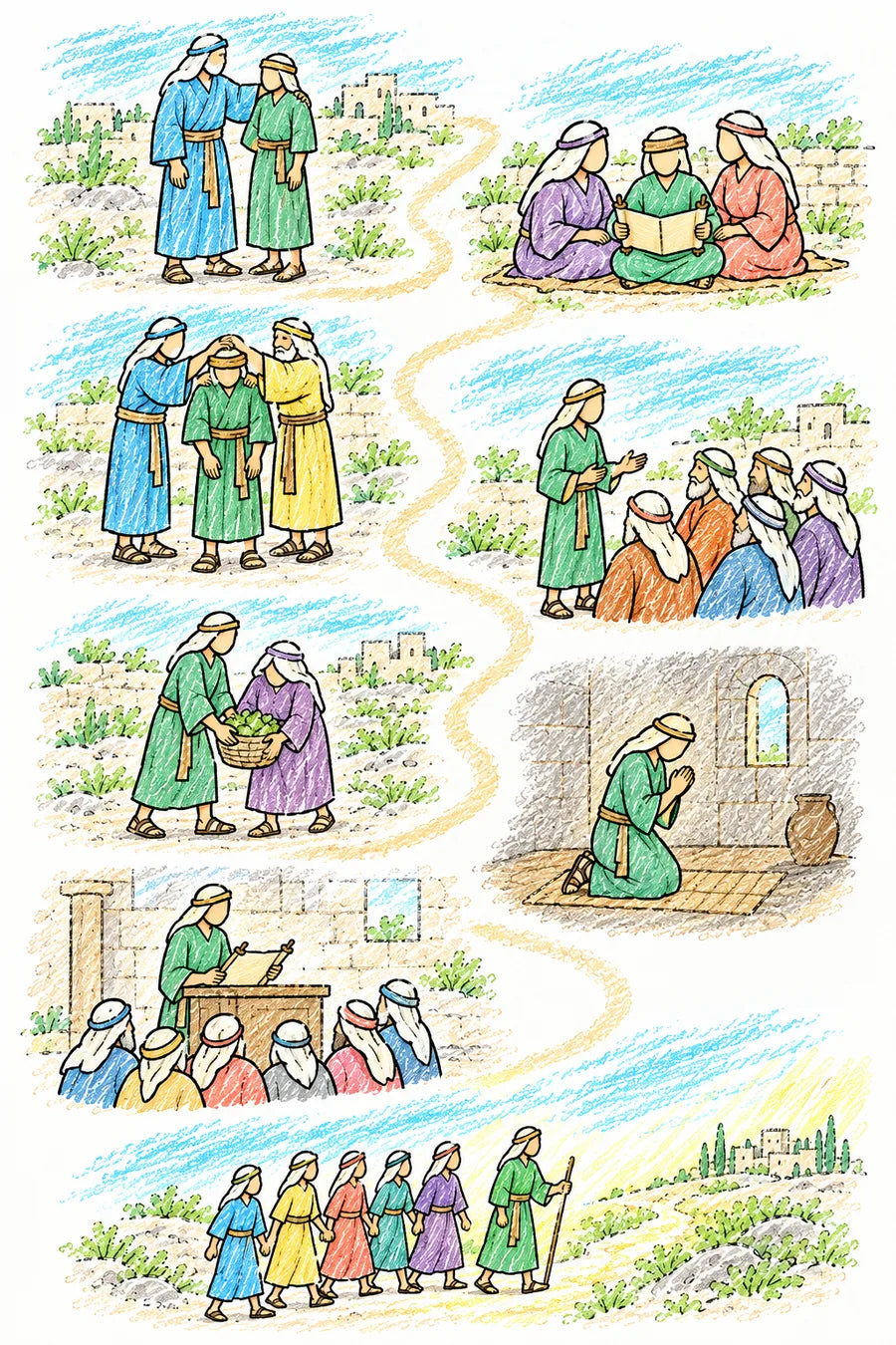 Hand-drawn doodle map: Paul with his hand on young Timothy’s shoulder, a small boy reading a scroll with his grandmother and mother, elders laying hands on the young man’s head, the young man speaking kindly to older people, helping an elderly woman carry a basket, kneeling in prayer, reading scrolls to a congregation, and leading young people along a lit path.