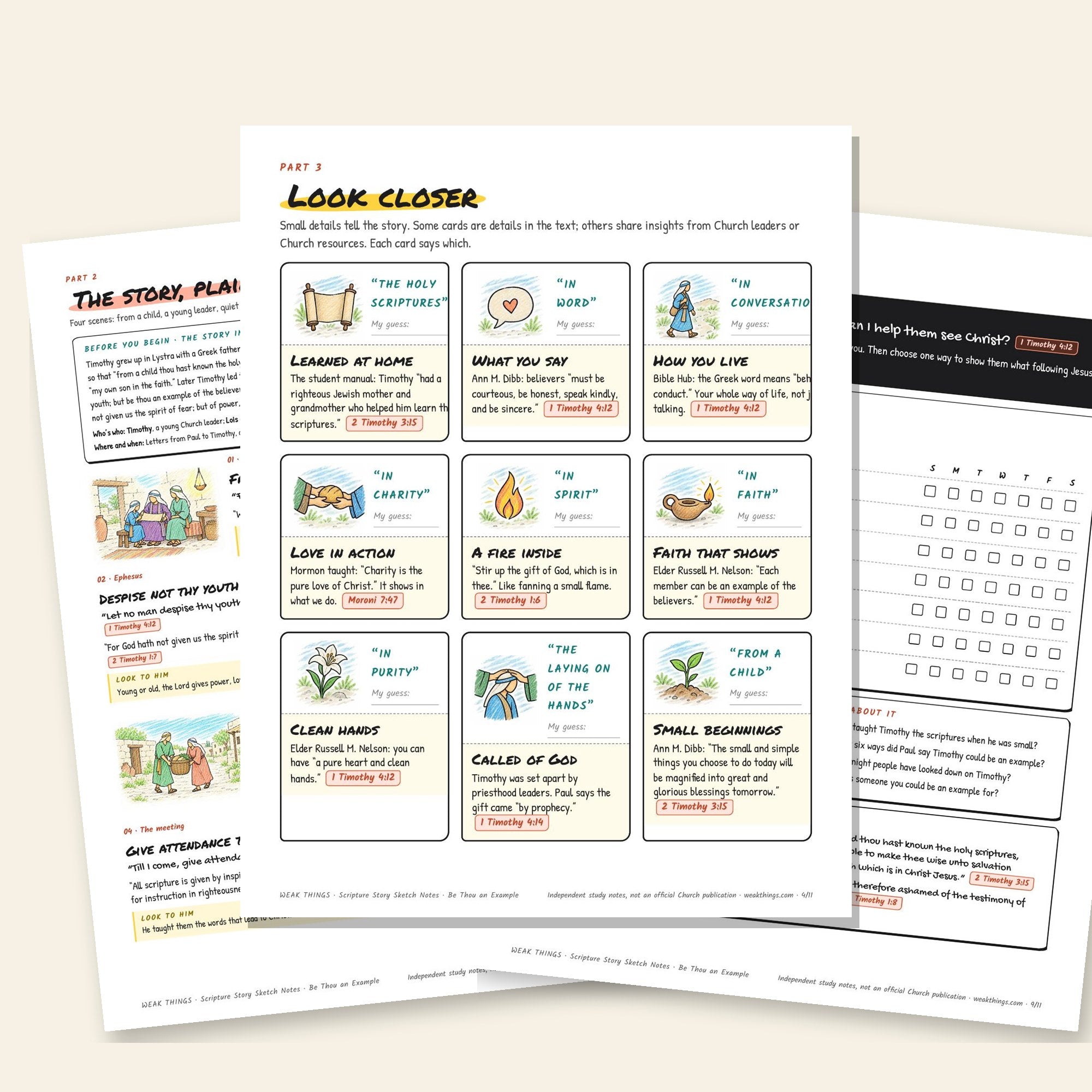 Inside pages of the Be Thou an Example printable sketch notes