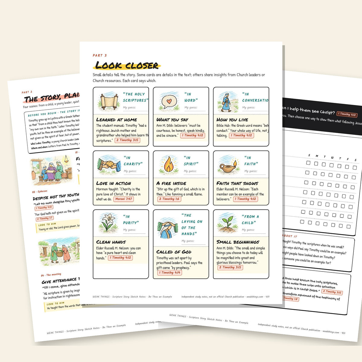 Three inside pages: the story, the detail cards and the seven-day tracker
