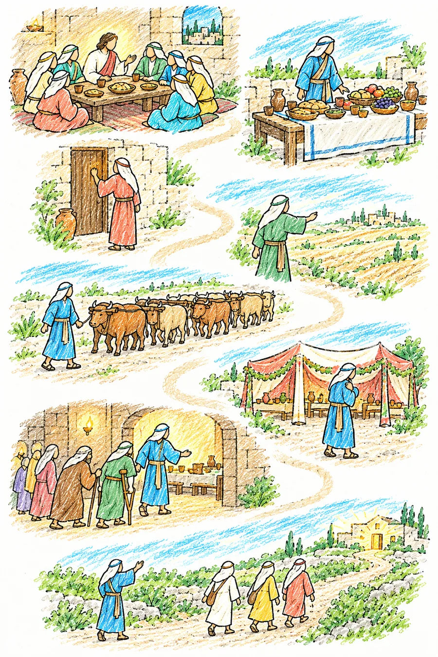 Hand-drawn doodle map of a winding path: Jesus teaching at a meal table, a master looking over a long feast table, a servant knocking at a door, a man pointing to a field, a man leading yoked oxen, a man beside a wedding tent, the servant leading poor, blind and lame guests into the hall, and the servant waving travelers in from a road between hedges.
