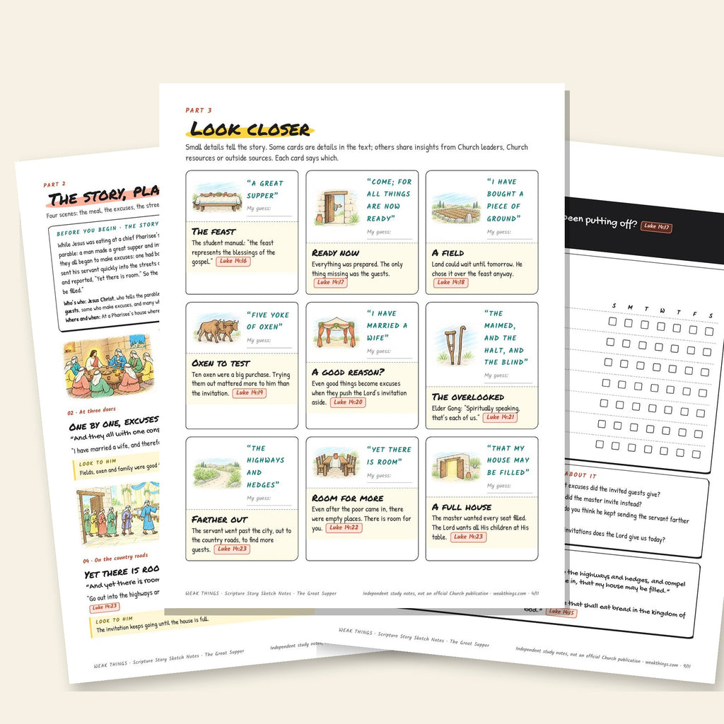 Three inside pages: the story, the detail cards and the seven-day tracker