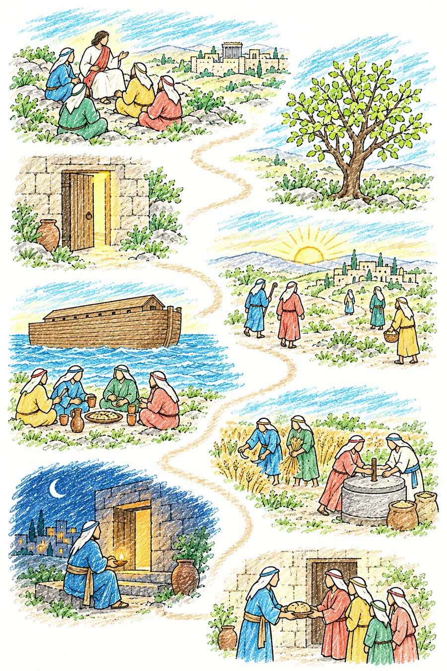 Hand-drawn doodle map of a winding path on the Mount of Olives: Jesus teaching four disciples, a fig tree with new leaves, an open door with sunrise behind it, Noah’s ark on a hill above people feasting, two workers in a field with sickles, two women at a hand mill, a lamp burning in a window, a house with its door closed, and a servant giving bread to a household.