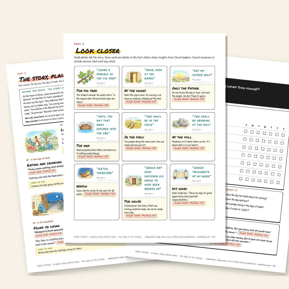 Three inside pages: the story, the detail cards and the seven-day tracker