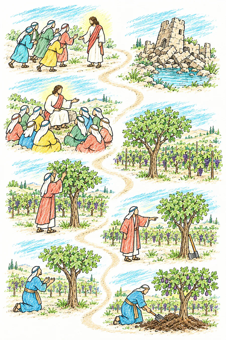 Hand-drawn doodle map of a winding path: people hurrying to Jesus with news, a crumbled stone tower lying in ruins beside a pool, Jesus teaching a crowd with an open hand, a fig tree in the corner of a vineyard, the owner lifting its leaves and finding no fruit, the owner pointing at the tree with an axe leaning against it, a gardener kneeling and pleading beside the tree, and the gardener digging around the roots as the tree begins to bear figs.