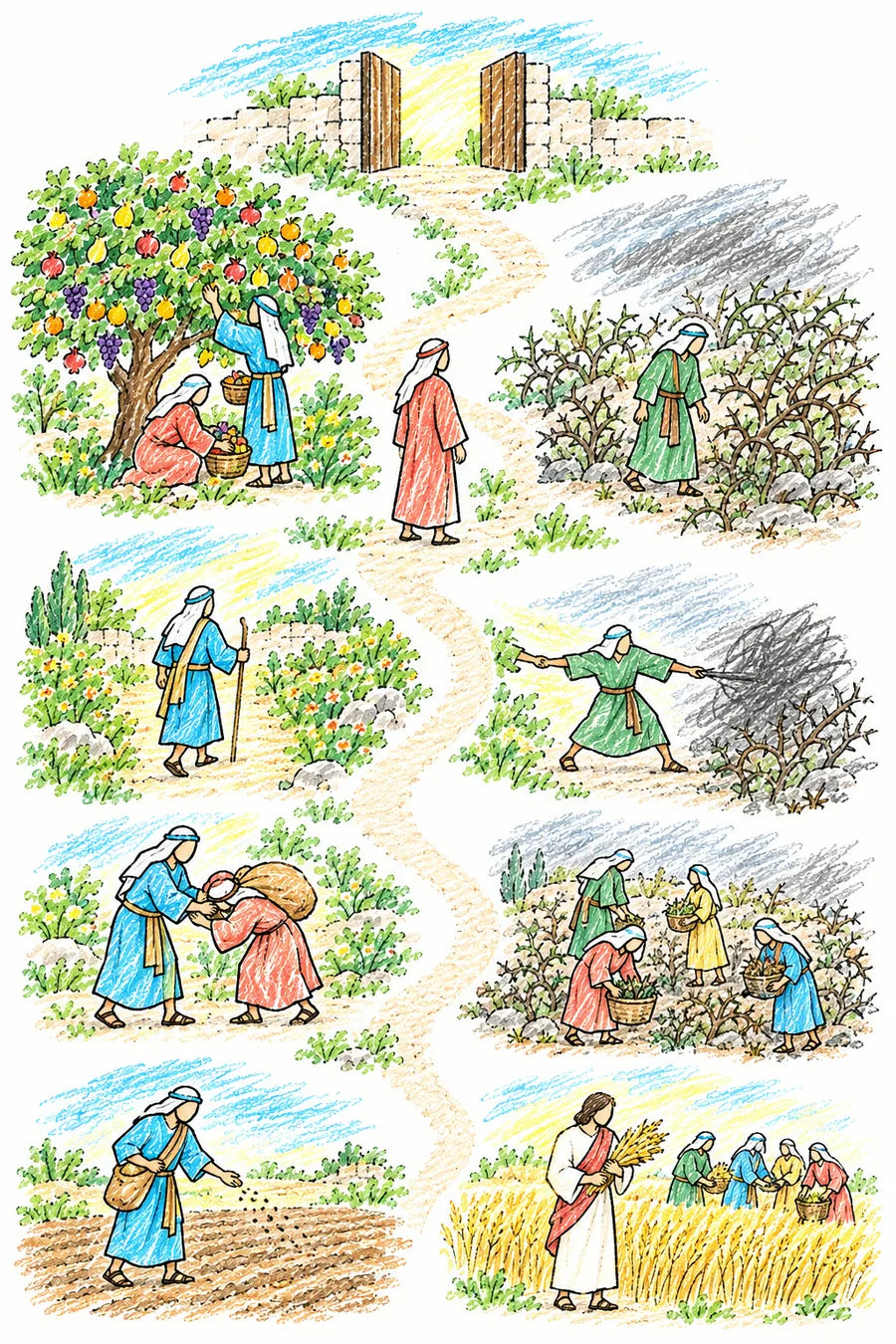 Hand-drawn doodle map of two gardens: an open gate at the top, a tree full of many fruits tended by people, a person pulled between the fruit tree and a thorny weed patch, a person walking a garden path, a person pulling gray thorns, one person helping carry another’s load, people harvesting, and Jesus in a golden wheat field beside a person sowing seed.