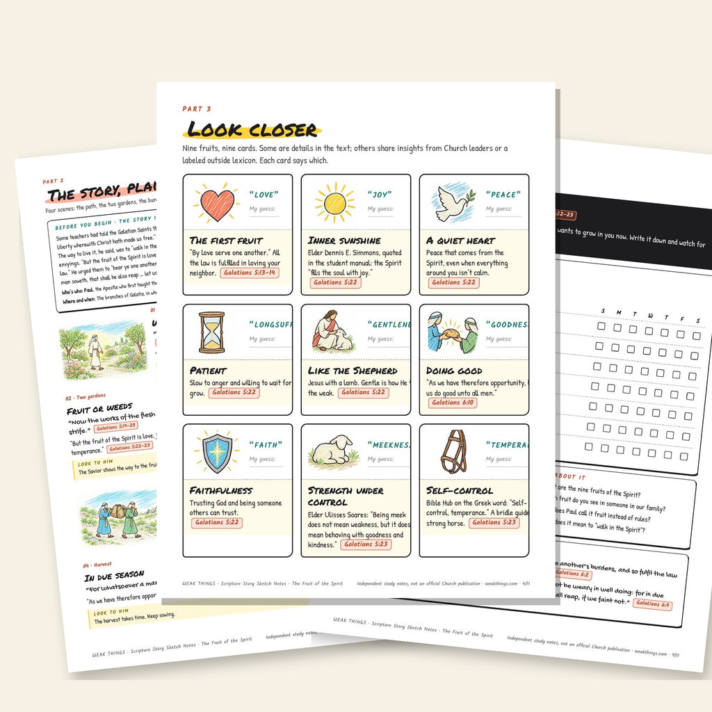 Three inside pages: the story, the detail cards and the seven-day tracker