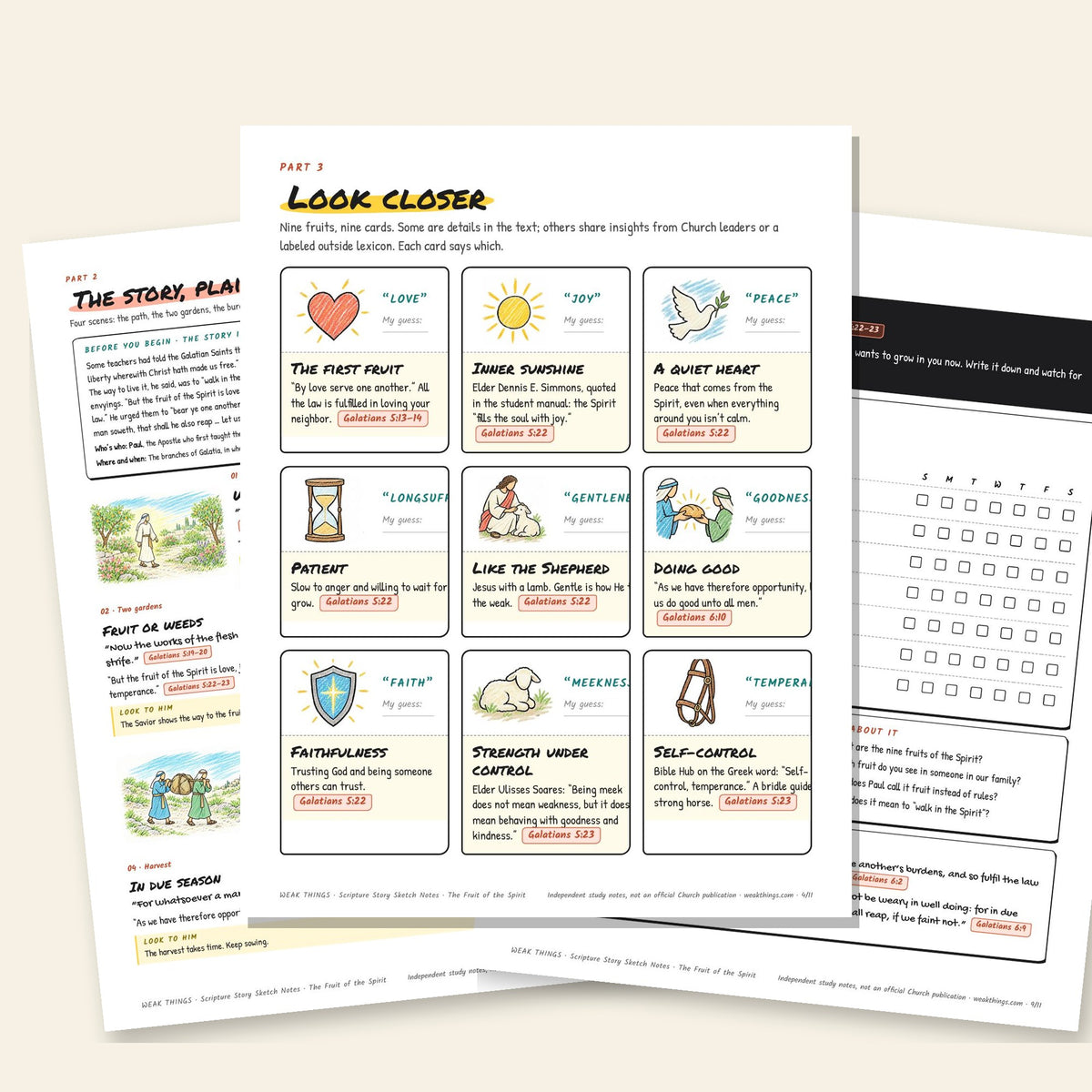 Three inside pages: the story, the detail cards and the seven-day tracker