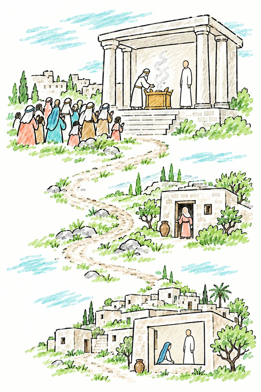 Hand-drawn doodle map: the temple in Jerusalem with Zacharias at the golden altar and a faceless white figure in light, people praying outside, a road to Elisabeth’s house in the hill country, and a small house in Nazareth where Mary kneels before the angel in soft light.