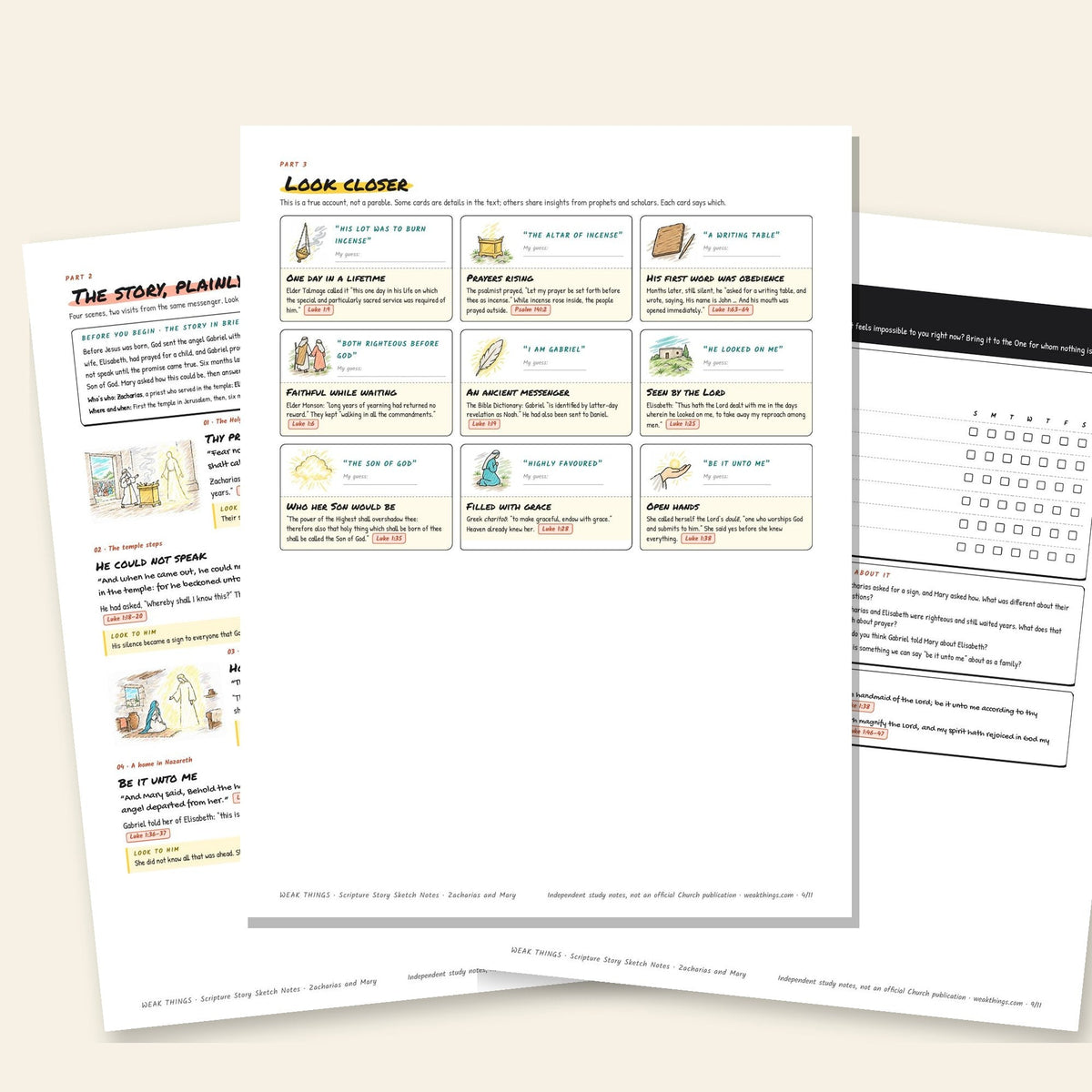 Three inside pages: the story, the detail cards and the seven-day tracker