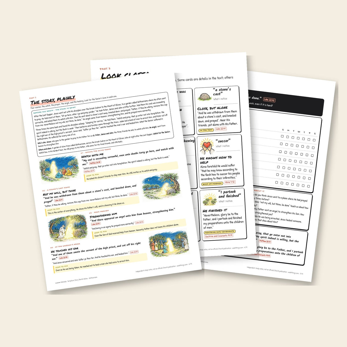 Three inside pages: the story, the detail cards and the seven-day tracker