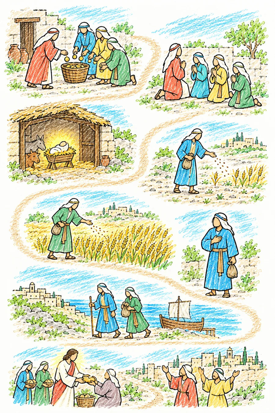 Hand-drawn doodle map: poor villagers joyfully putting coins into a basket, the villagers kneeling in prayer, a glowing manger in a stable, a farmer sowing a few seeds with a thin harvest, a farmer sowing generously with a golden harvest, a person with a hand on their heart holding a gift, travelers carrying gifts toward a ship, and Jesus with the poor Saints in Jerusalem receiving bread and giving thanks.
