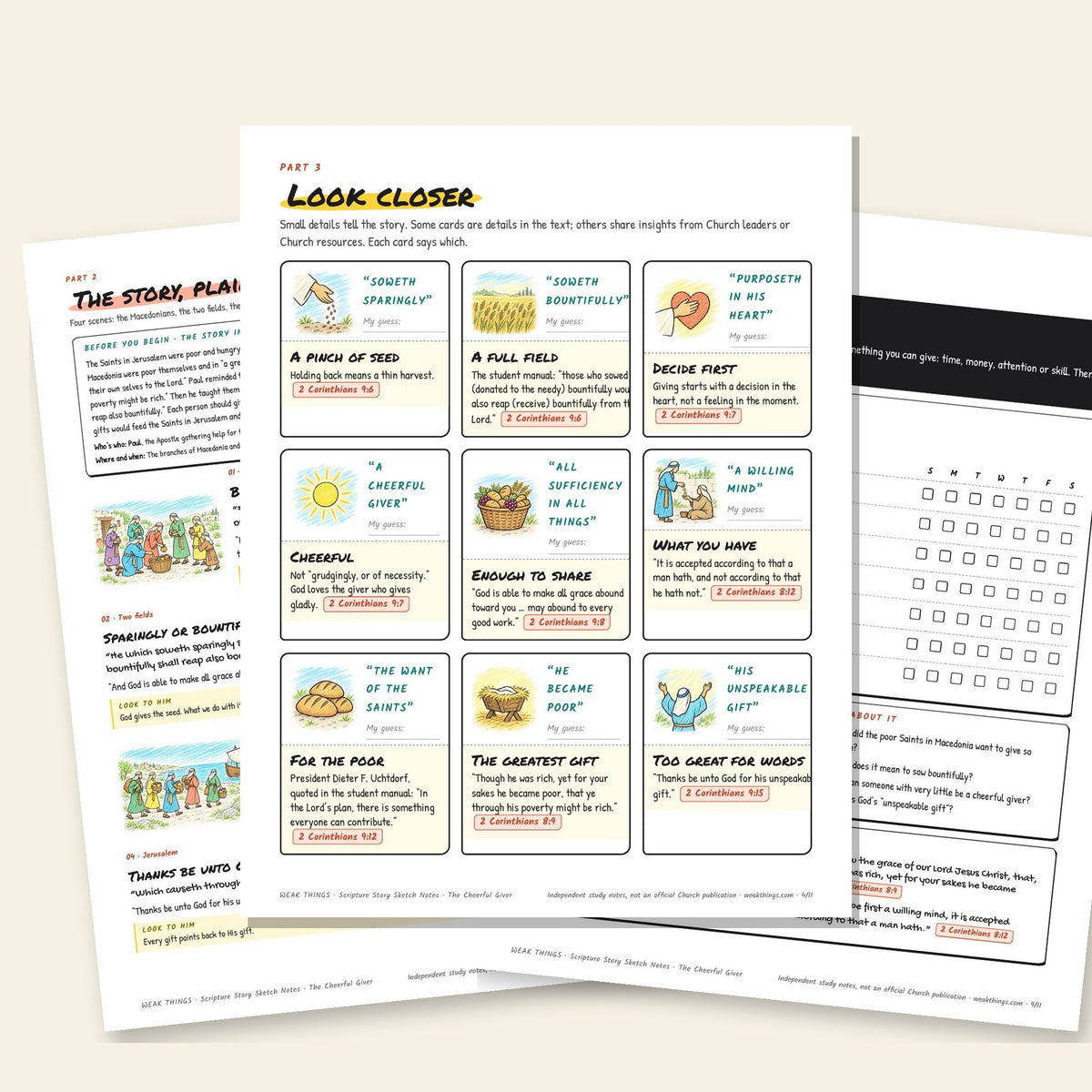 Three inside pages: the story, the detail cards and the seven-day tracker