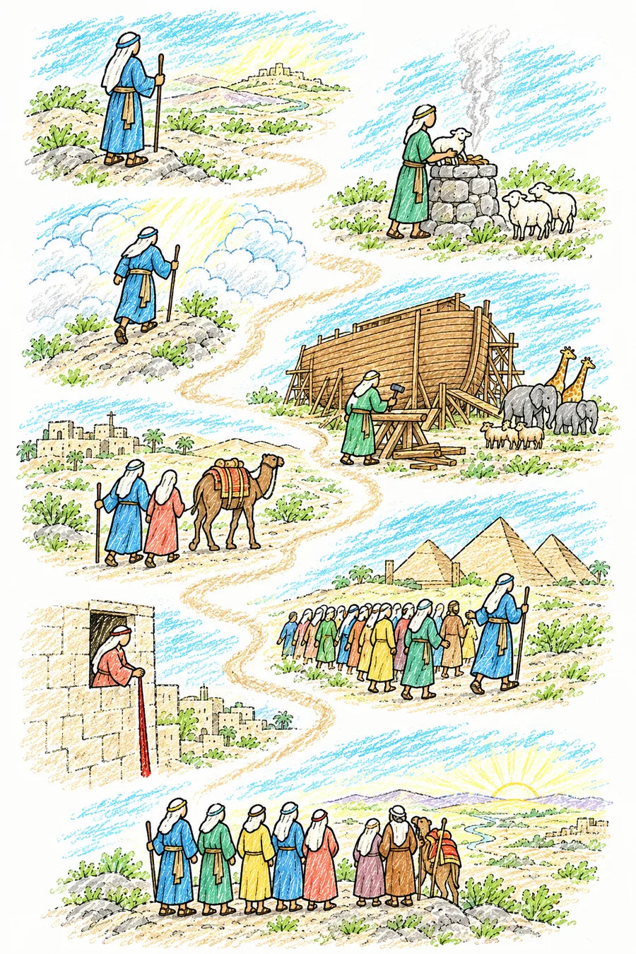 Hand-drawn doodle map of a winding path: a person looking toward a distant hill, a shepherd offering a lamb on an altar, a man walking up into soft light, a family building an ark, an old couple leading a camel along a road, a man leading people out of Egypt past pyramids, a woman lowering a scarlet cord from a city wall, and everyone standing on a hill looking toward a distant sunrise.
