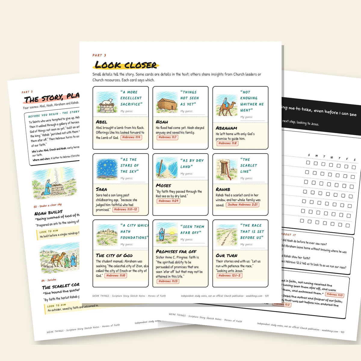Three inside pages: the story, the detail cards and the seven-day tracker