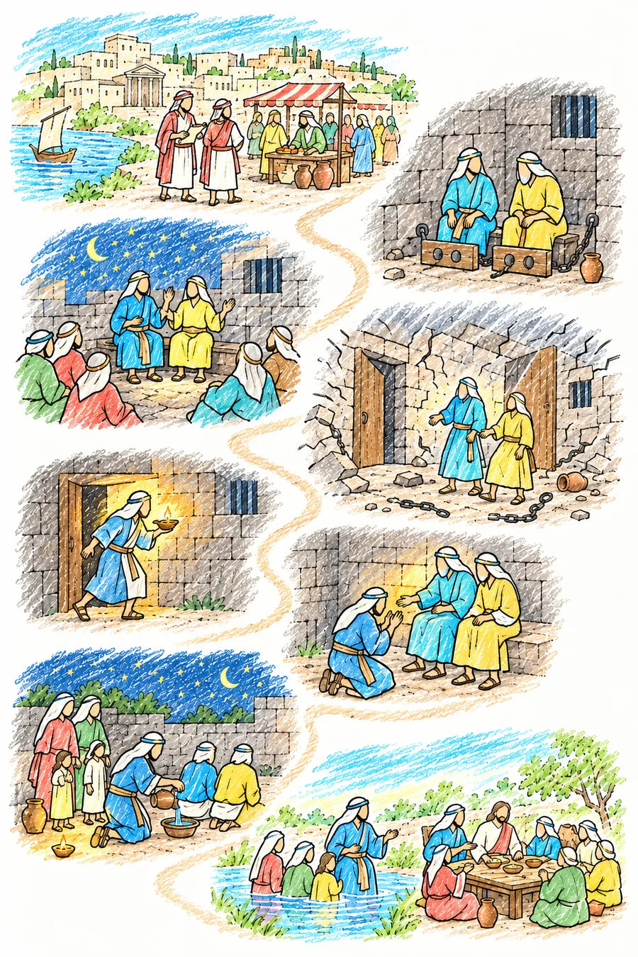 Hand-drawn doodle map of Acts 16 in Philippi: a busy market by the river, two men in blue and yellow with their feet in stocks, the pair singing at night as prisoners listen, the prison shaking and doors opening, a jailer rushing in with a lamp and kneeling, the family washing their wounds, and a baptism and a shared meal.