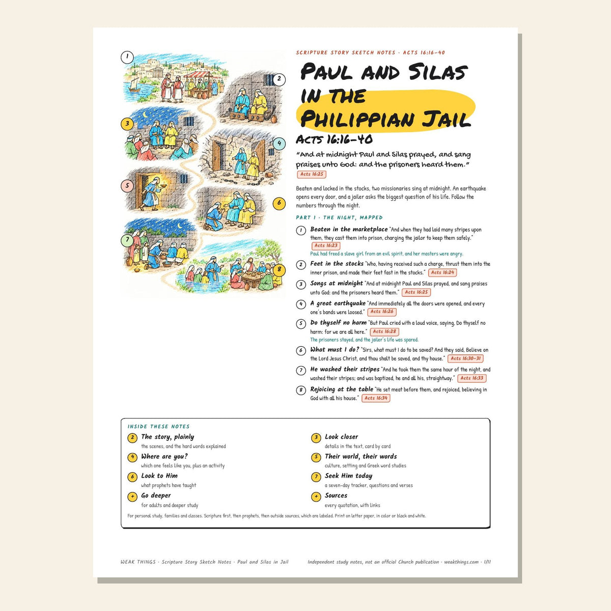 Paul and Silas in the Philippian Jail sketch notes cover with a hand-drawn map of the night