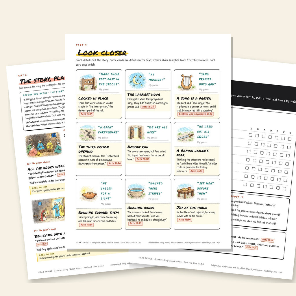 Three inside pages: the story, the detail cards and the seven-day tracker
