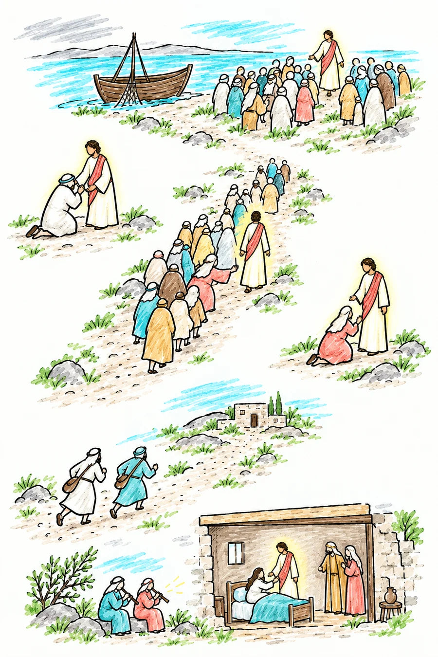 Hand-drawn doodle map: a boat landing on the shore of the Sea of Galilee and a crowd gathering, a father kneeling before a figure of soft light, a crowded road where a woman reaches for the hem of His robe, messengers coming from a house, and at the bottom the house where a girl rises from her bed.
