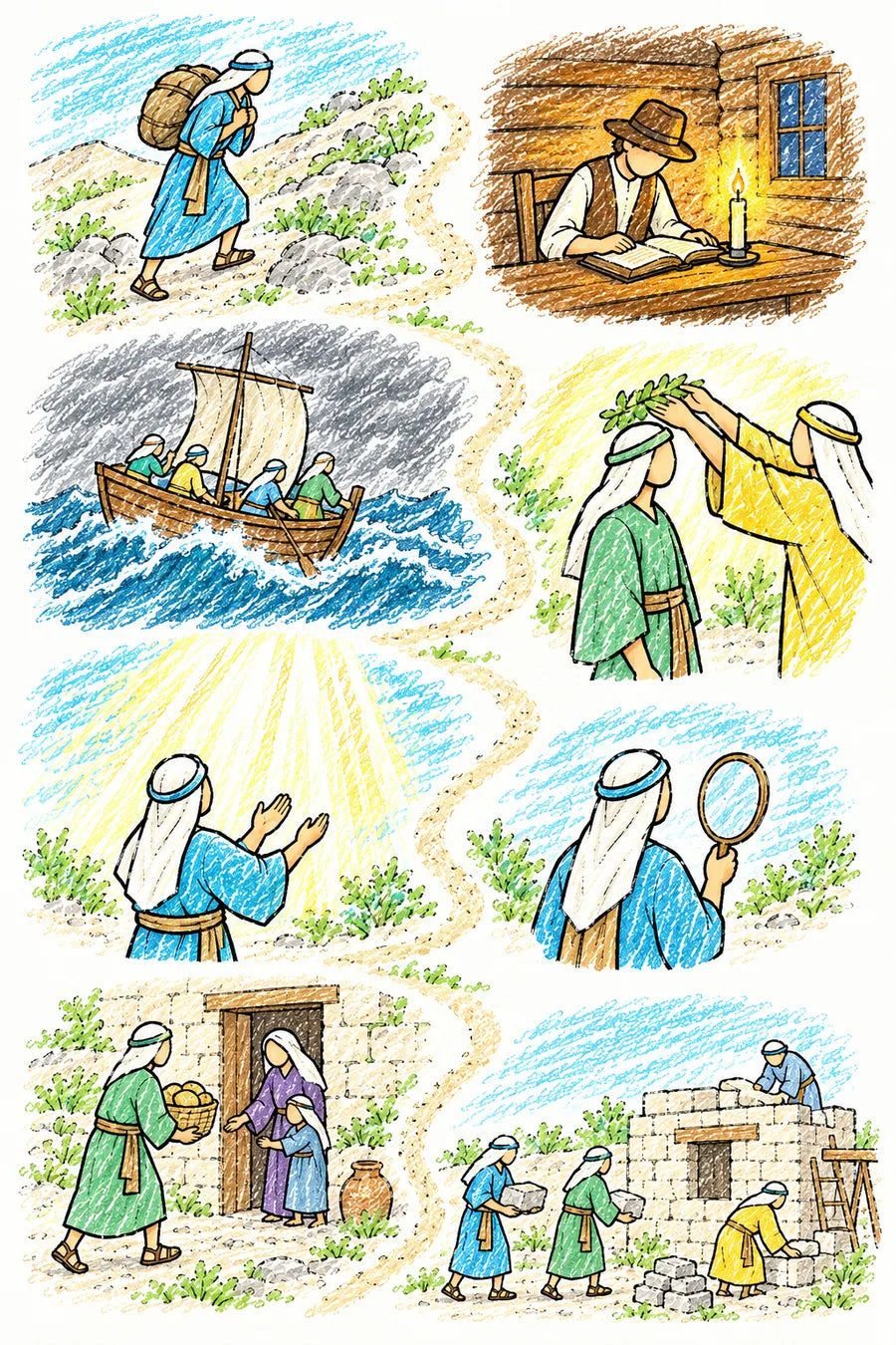 Hand-drawn doodle map of a winding path: a traveler carrying a heavy load uphill, a boy reading a Bible by candlelight in a log cabin, a small boat tossed on rough waves, a person receiving a leafy crown, warm rays falling on open hands, a person holding a hand mirror, a youth bringing bread to a widow and child, and neighbors building a house together.