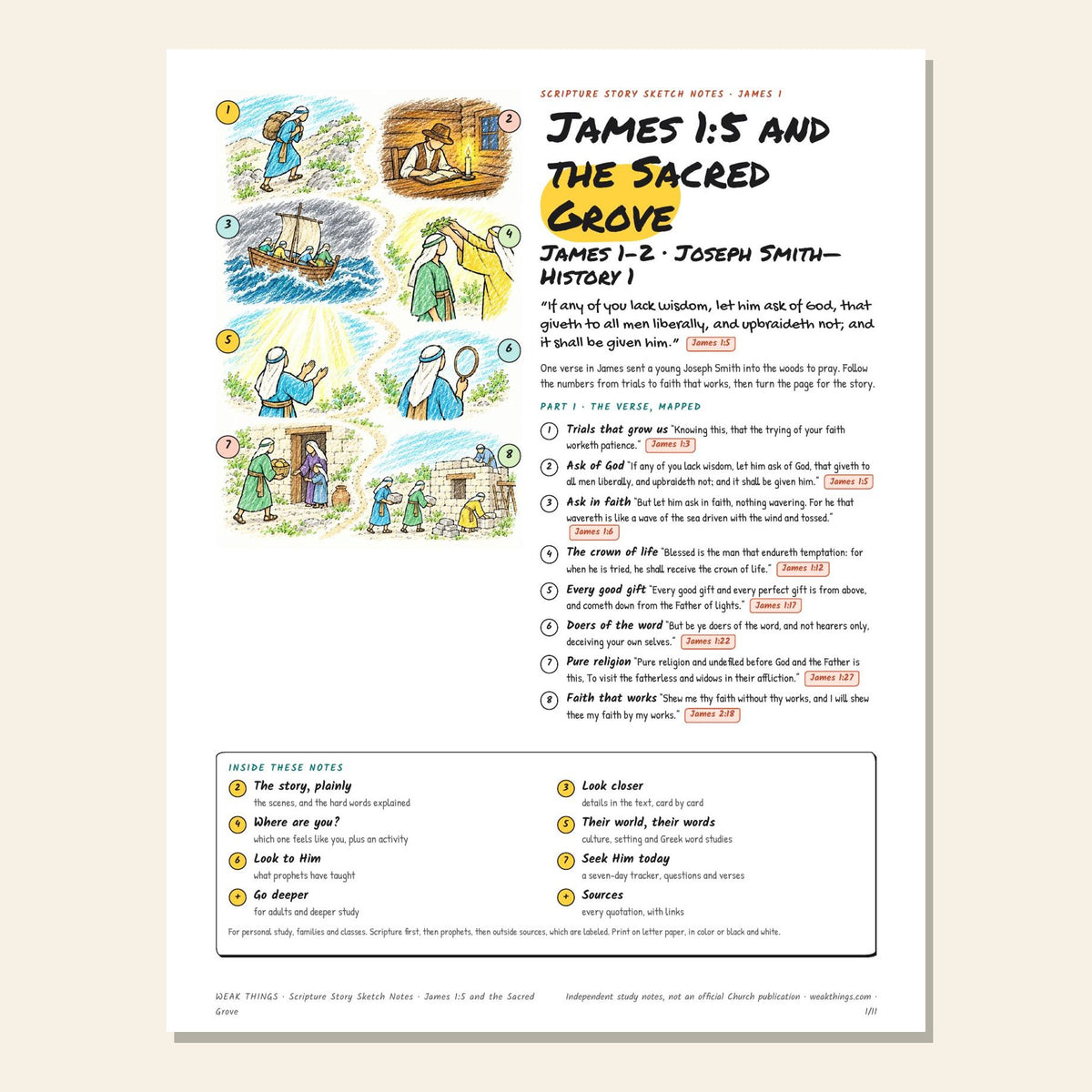 James 1:5 and the Sacred Grove sketch notes cover with a hand-drawn map