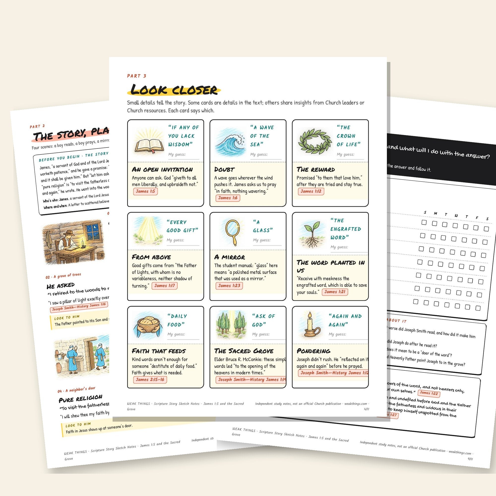 Inside pages of the James 1:5 and the Sacred Grove printable sketch notes