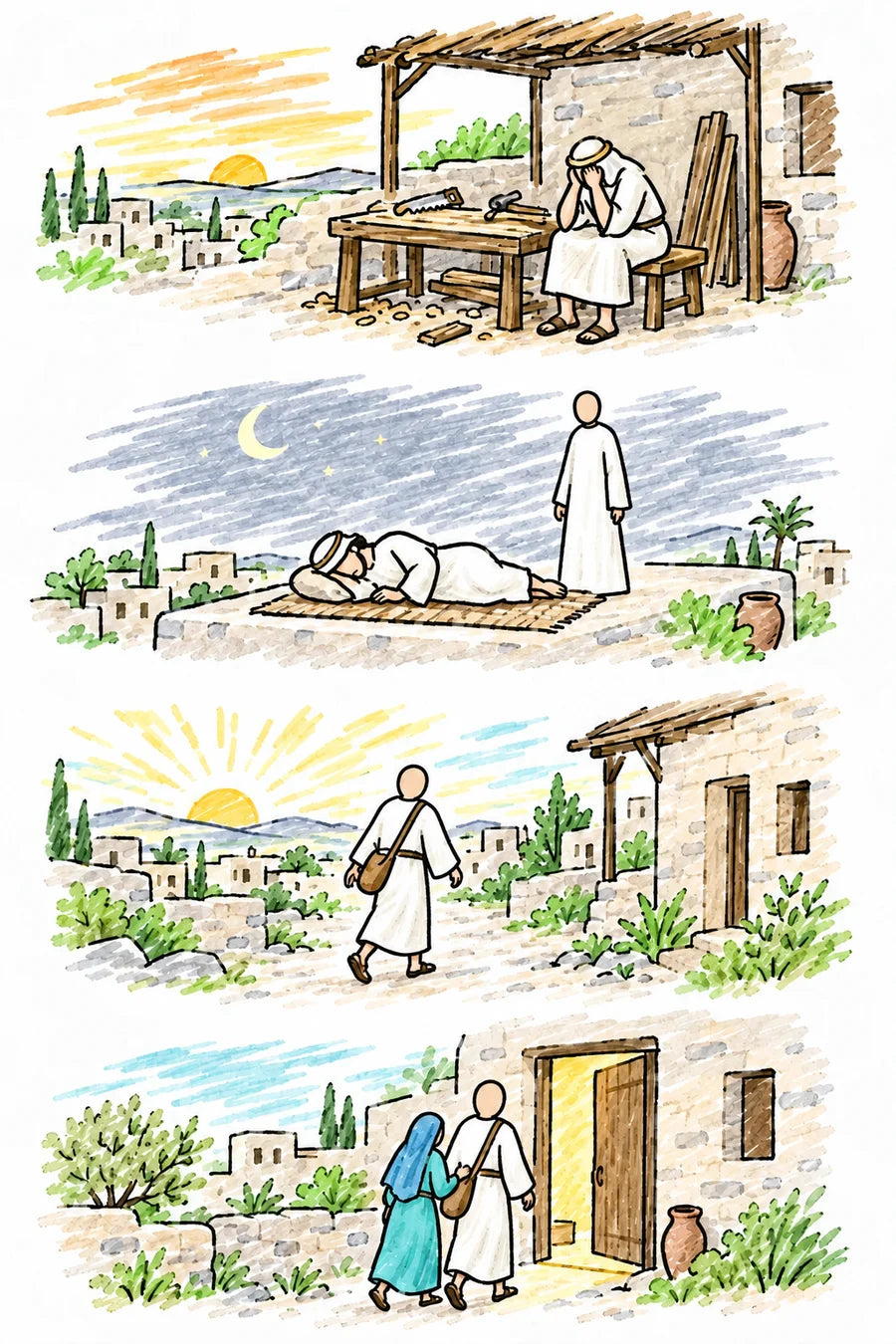 Hand-drawn doodle map: Joseph sitting with his head in his hands at his workbench, Joseph asleep on a mat under a crescent moon with a faceless white figure in light nearby, Joseph walking at sunrise, and Joseph and Mary walking together through an open door filled with light.