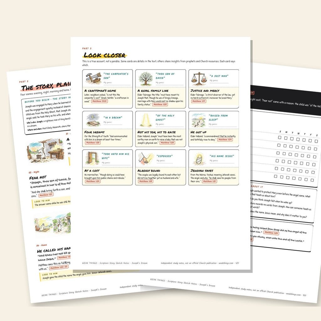 Three inside pages: the story, the detail cards and the seven-day tracker